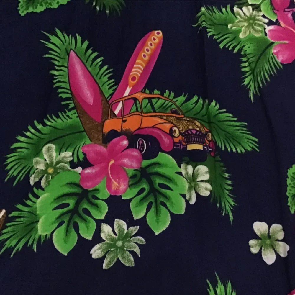 Hawaiian Shirt 100% Rayon Mens Sz M Old Cars Surf Boards Tropical All Over Print